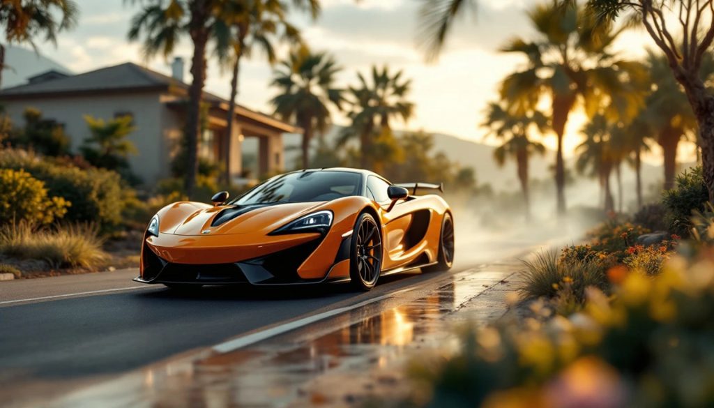An orange sports car drives along a wet residential street lined with palm trees, with warm sunset light reflecting off the road and the vehicle's sleek exterior.