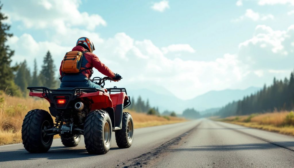 A person wearing a helmet and backpack rides a red all-terrain vehicle (ATV) along a paved road through a rural landscape. Trees, grassy fields, and distant mountains are visible under a bright sky with scattered clouds.