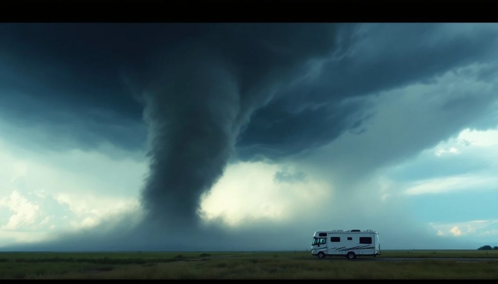 Motorhome parked on a roadside in an open grassland landscape as a large tornado descends from dark storm clouds, creating a dramatic severe weather scene.