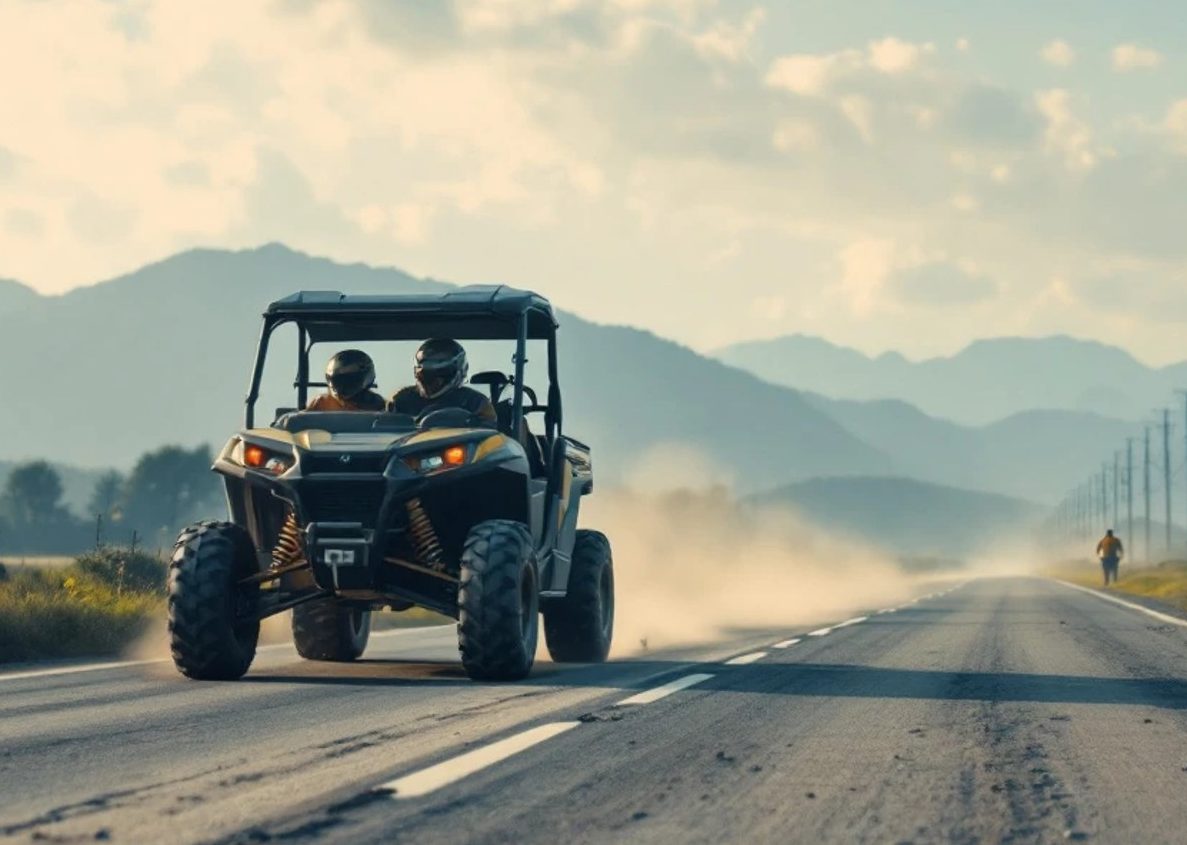 Side-by-Side UTV Driving Along a Rural Highway