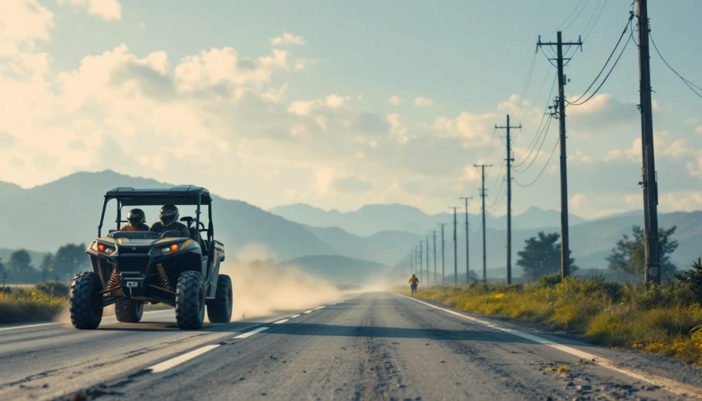 A side-by-side UTV driving along a dusty rural road with mountains in the background, utility poles lining the roadside, and a clear sky overhead.
