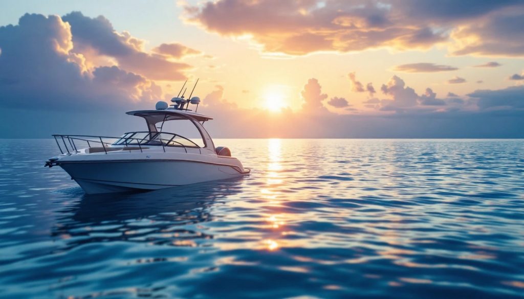 A white recreational boat floating on calm ocean waters during a colorful sunrise, with soft clouds reflecting on the water and the sun low on the horizon.