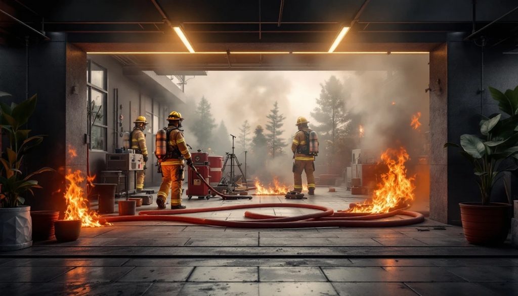Three firefighters work to contain a fire inside a modern commercial building. Flames are visible on the floor near the entrance and along the interior, while smoke fills the background. Fire hoses run across the ground as emergency personnel manage the active fire response.