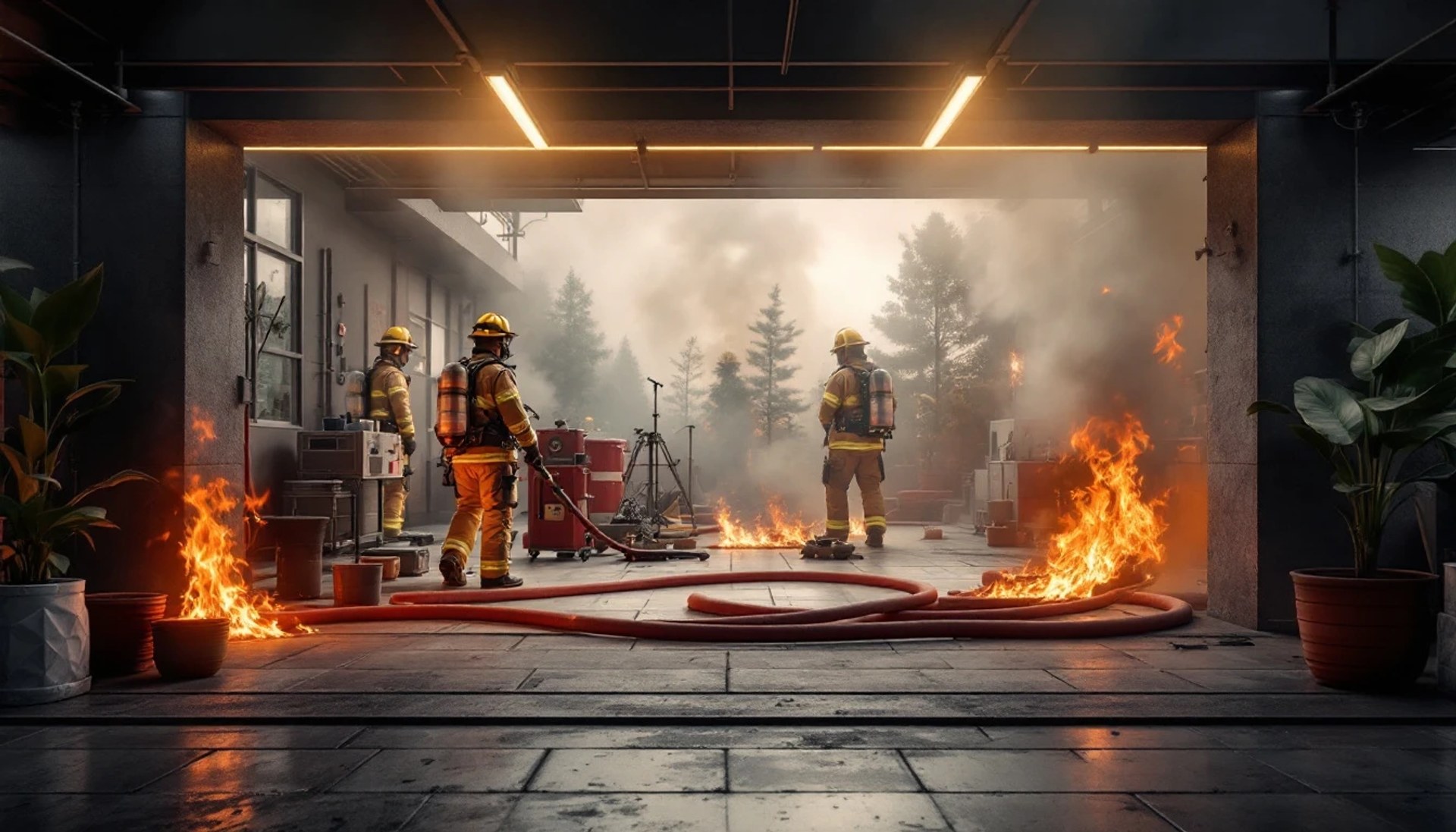 Three firefighters work to contain a fire inside a modern commercial building. Flames are visible on the floor near the entrance and along the interior, while smoke fills the background. Fire hoses run across the ground as emergency personnel manage the active fire response.
