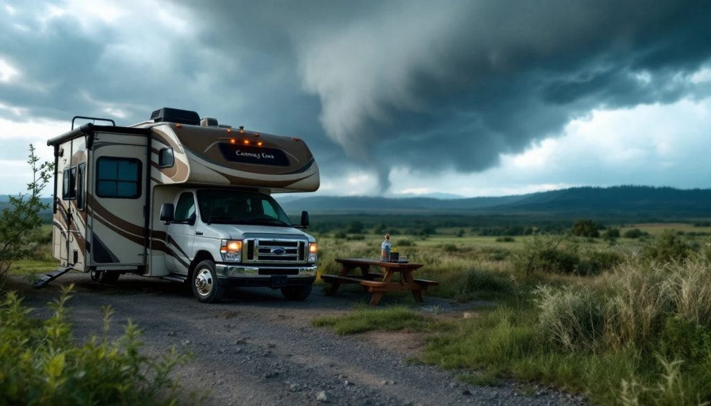 Class C RV parked at a rural campsite with a picnic table as a large tornado forms beneath dark storm clouds in the distance across an open grassland landscape.