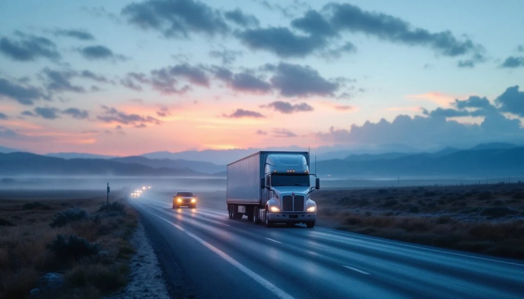 A semi-truck driving along a highway at dawn, with headlights on, distant vehicles in the background, and mountain silhouettes beneath a colorful early morning sky.