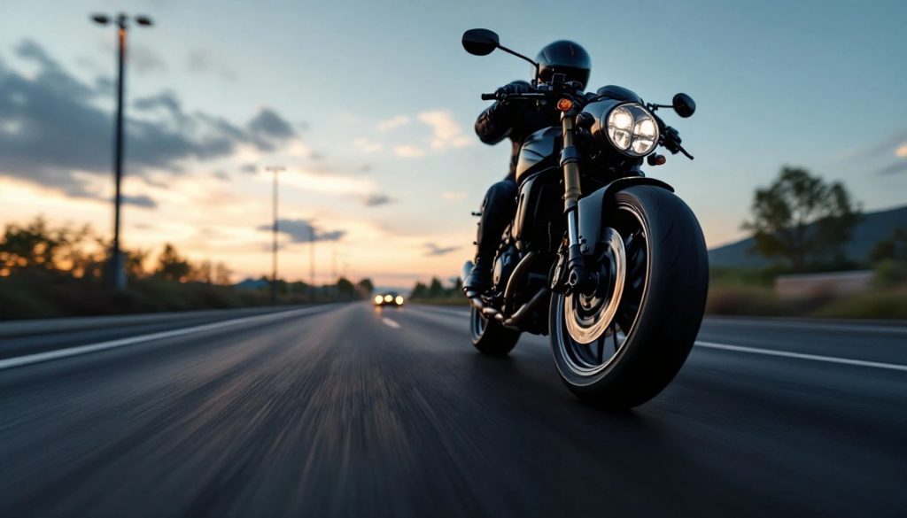 A motorcyclist riding a black cruiser-style motorcycle on an open highway at sunset, with the headlight illuminated and the road stretching into the distance.