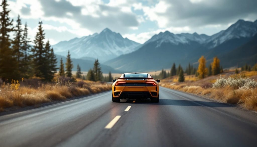 Orange sports car traveling on a scenic mountain highway surrounded by pine trees, open countryside, and snow-capped peaks in the distance.