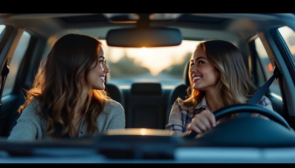Two people smiling and talking inside a car during a drive, with one person behind the wheel and warm sunlight illuminating the vehicle's interior.