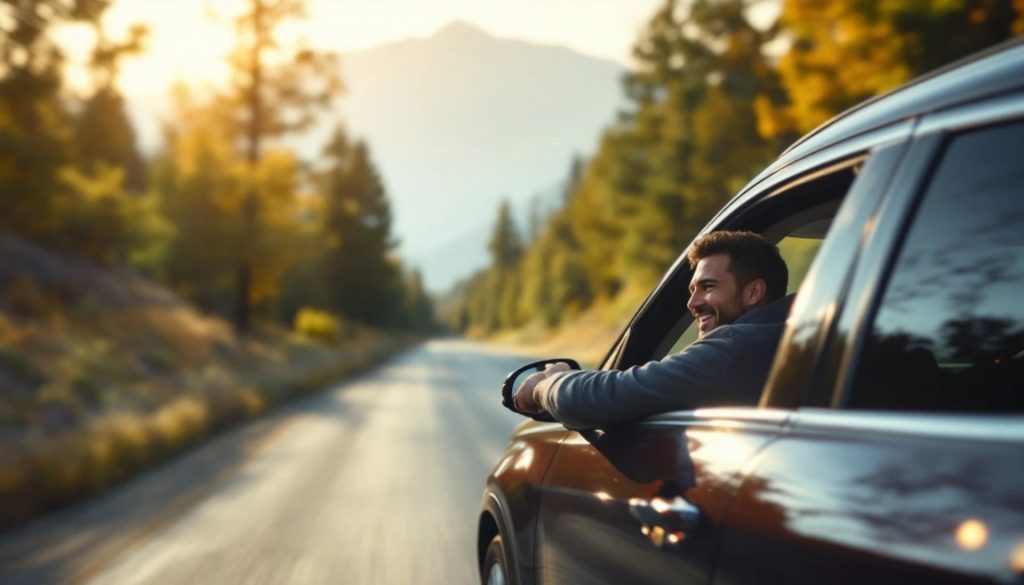 Person smiling from the passenger window of an SUV while driving along a scenic forest road with mountains and golden sunlight in the background.