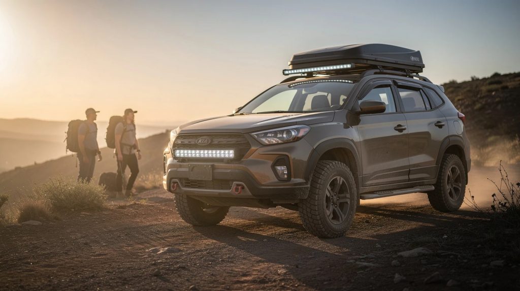 A rugged SUV equipped with off-road tires, roof-mounted cargo gear, and LED light bars is parked on a dirt trail overlooking a scenic landscape at sunset. Two hikers stand nearby, highlighting an overlanding and outdoor adventure setting.