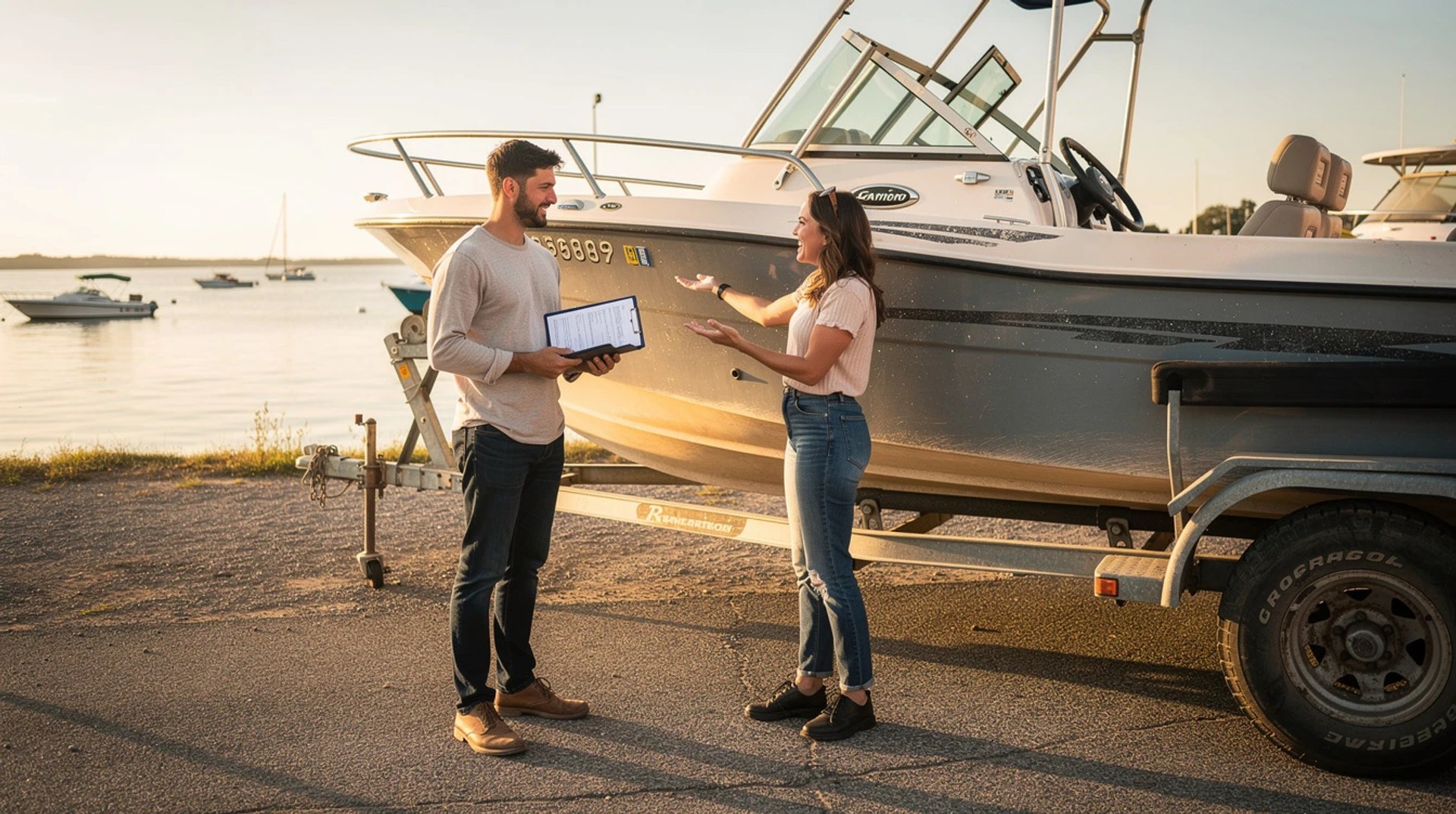 Two people stand beside a speedboat on a trailer by the water, talking with a clipboard in hand and smiles on their faces, sunset lighting.