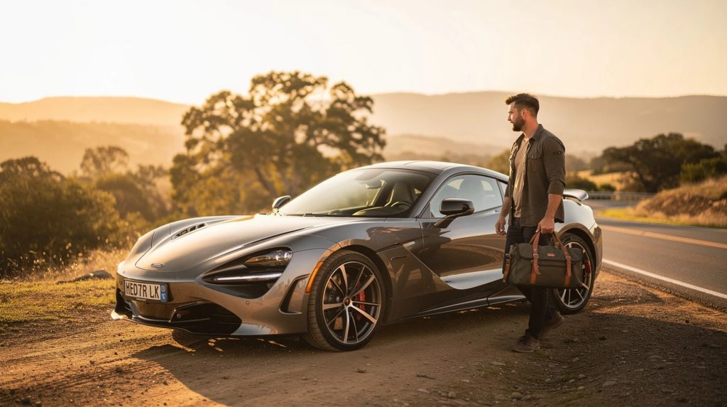 A person stands beside a gray luxury sports car parked on a dirt shoulder next to a winding road at sunset. The person holds a travel bag while looking toward the landscape, with rolling hills, trees, and warm golden light in the background.
