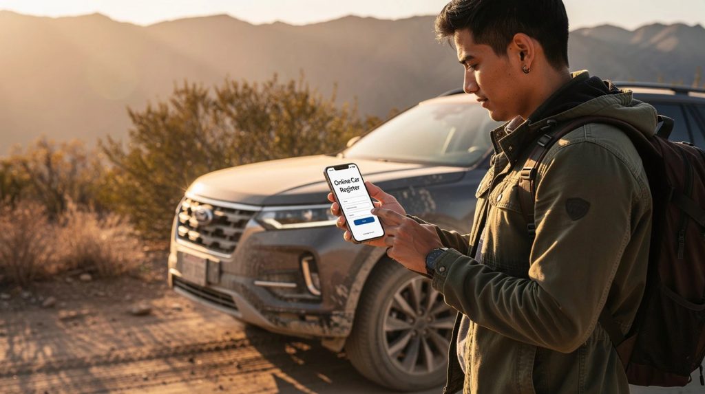 Person standing beside an SUV in a desert setting, using a smartphone to access a digital vehicle registration service during sunset.