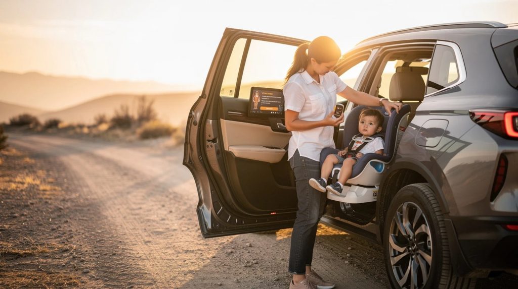 An adult secures a young child into a rear-facing child safety seat in the back of an SUV parked on a desert road at sunset. The vehicle door is open, and the warm evening light illuminates the scene, emphasizing safe family travel preparation.
