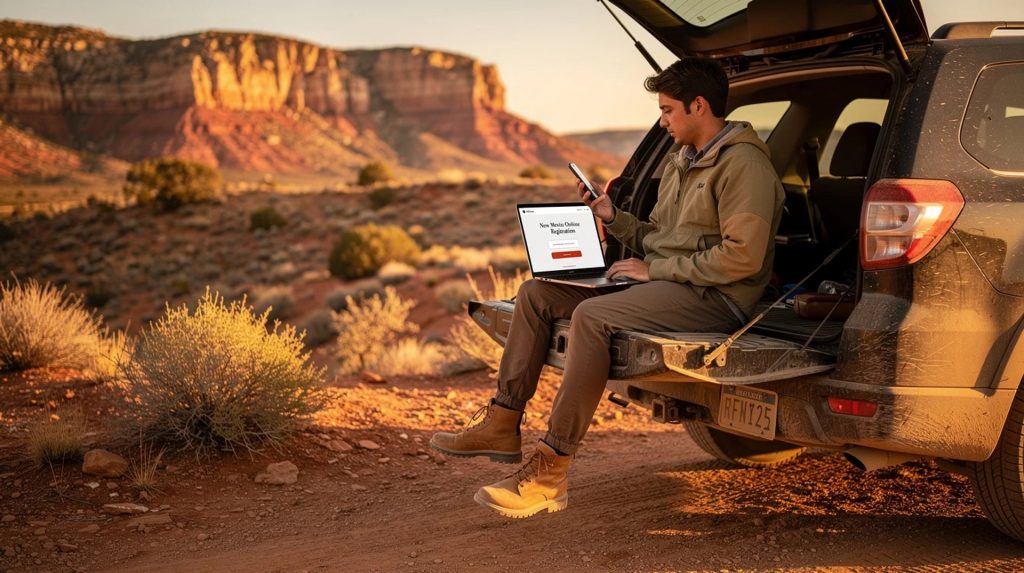 Person working on a laptop from the back of an SUV in a desert landscape at sunset, managing vehicle registration and paperwork remotely while traveling.