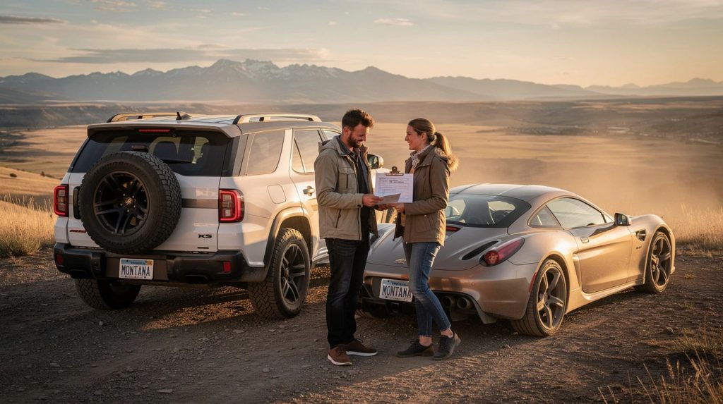 A man and woman stand between a white SUV and a silver sports car with Montana license plates, reviewing registration paperwork on a scenic overlook at sunset with mountains in the background.