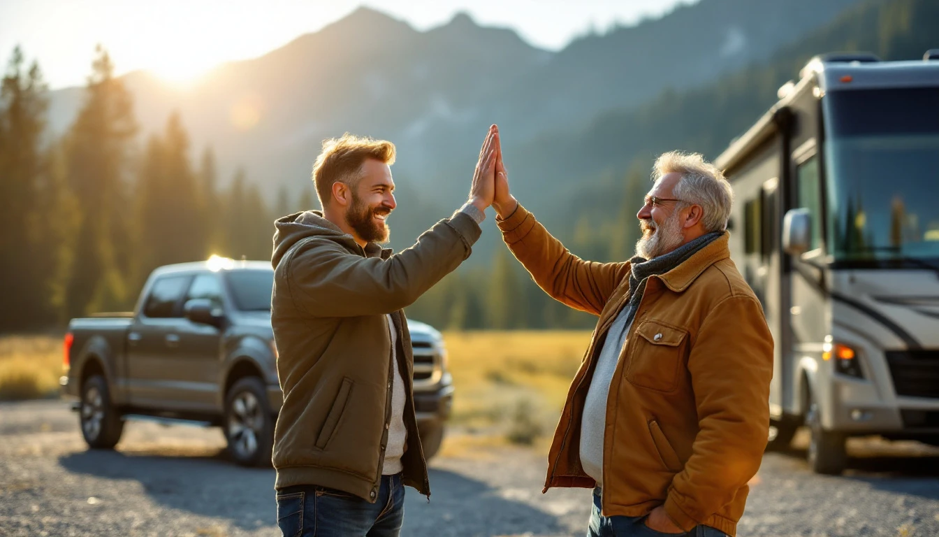Two men high-fiving in a campground at sunset with a motorhome and a pickup in the background.