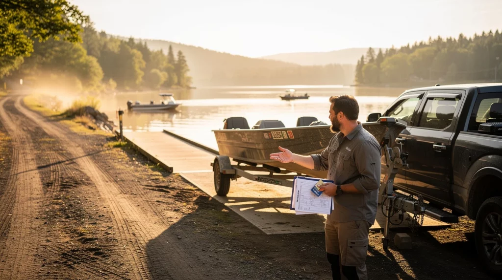 Man with clipboard and papers standing next to a pickup truck and boat trailer by a sunlit lakeshore, gesturing as he explains.