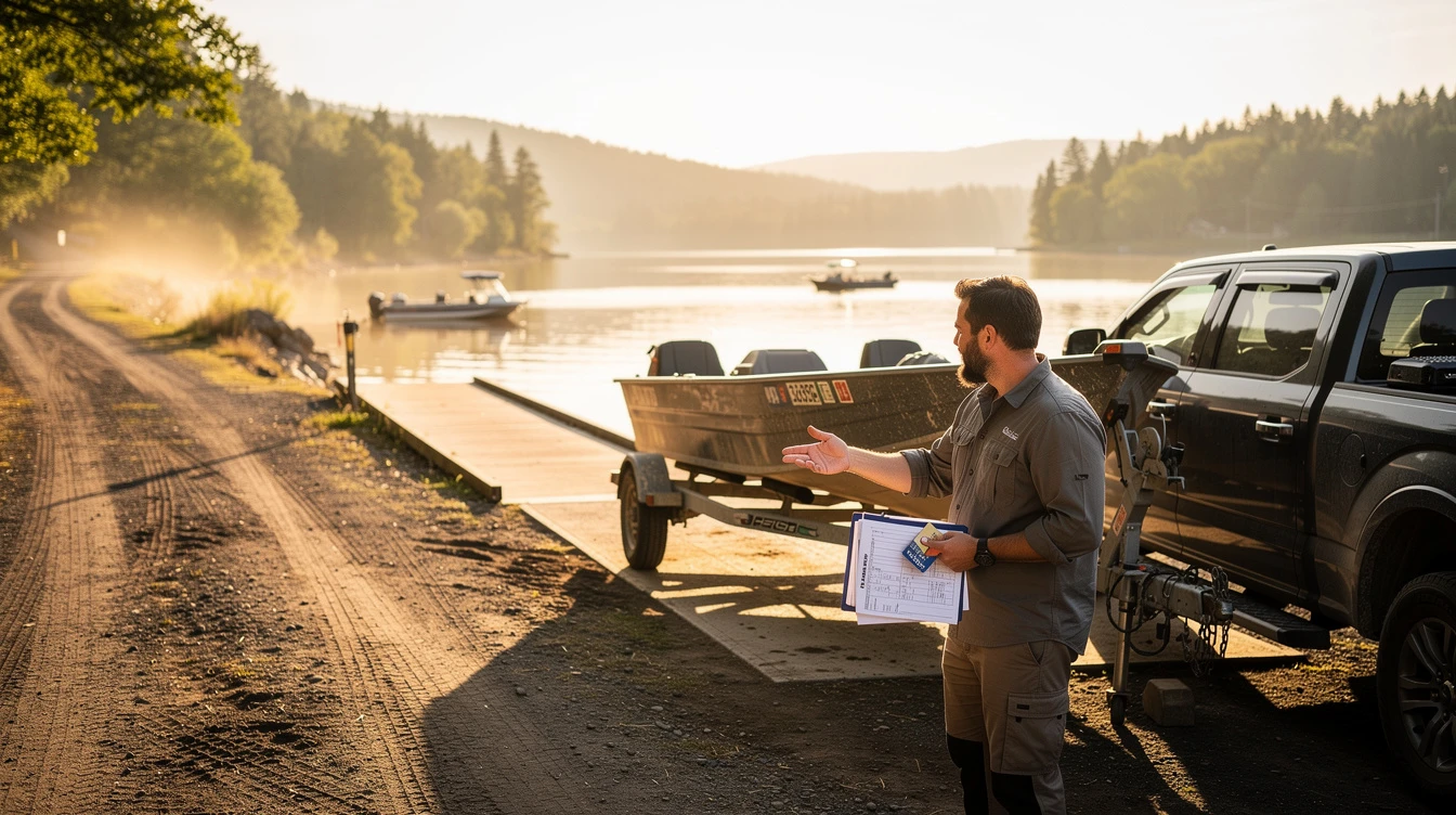 Man with clipboard and papers standing next to a pickup truck and boat trailer by a sunlit lakeshore, gesturing as he explains.