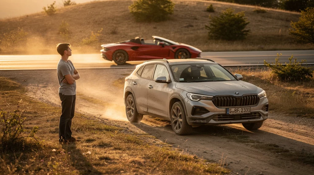 Man stands with arms crossed beside a dusty white SUV on a dirt road as a red sports car speeds past on a sunlit highway in the background.