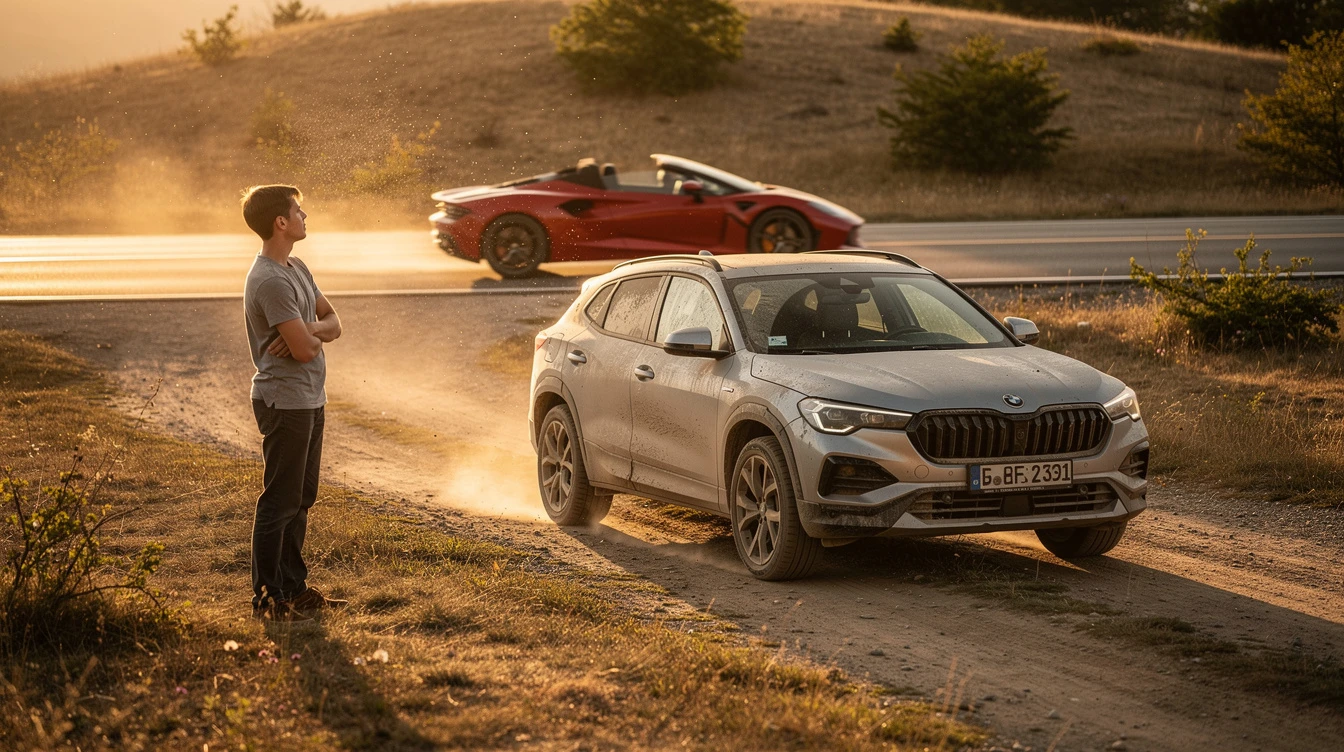 Man stands with arms crossed beside a dusty white SUV on a dirt road as a red sports car speeds past on a sunlit highway in the background.