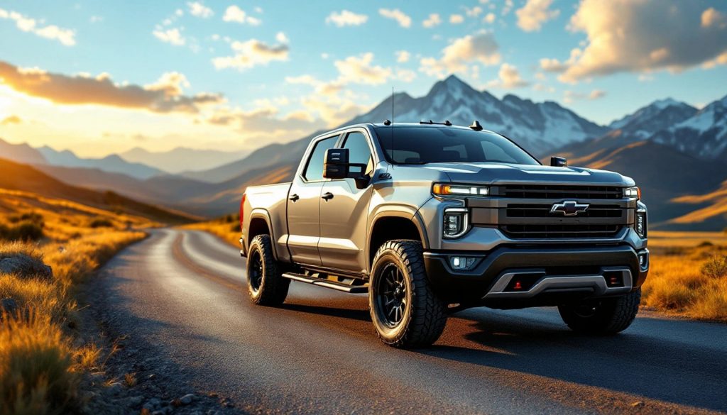 Silver Chevrolet Silverado pickup truck driving on a scenic mountain highway at sunset with rugged peaks in the background.