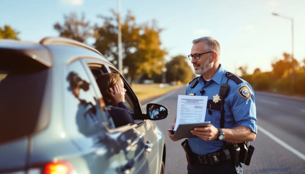 Law enforcement officer speaking with a driver during a roadside traffic stop while holding registration paperwork.