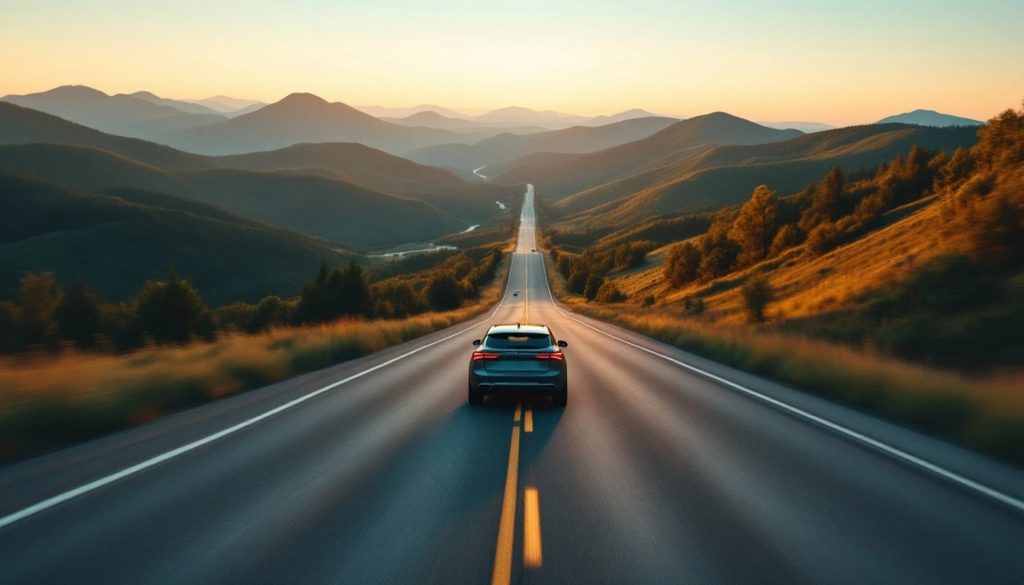 A car drives along a long winding highway through rolling mountain valleys bathed in warm sunset light, with layered peaks stretching into the distance.