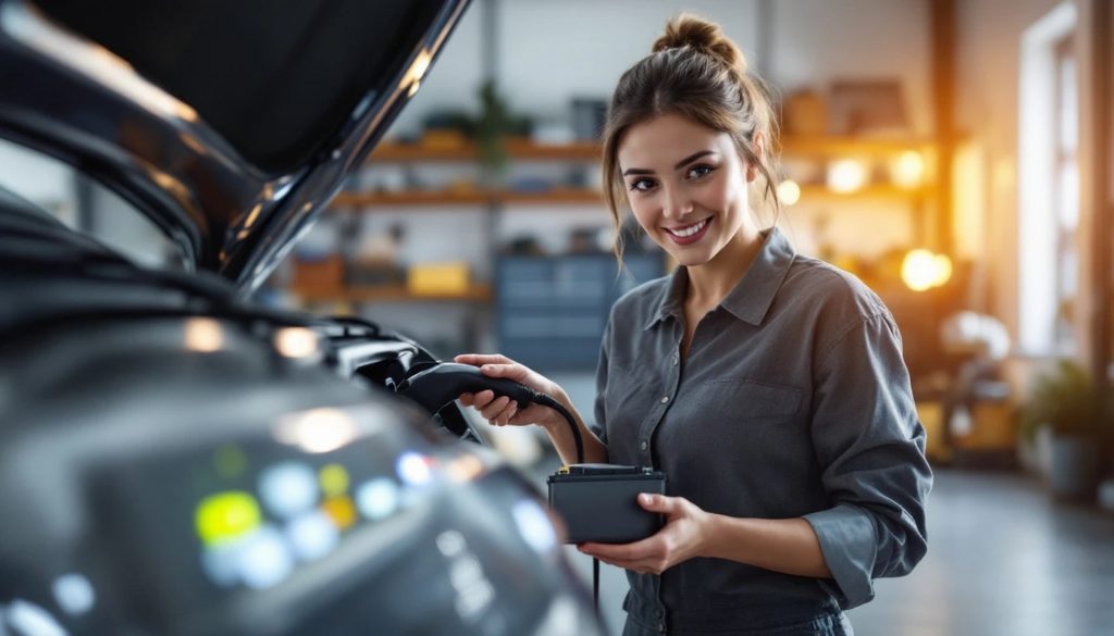 A smiling woman plugs a charging cable into an electric vehicle in a well-lit garage, highlighting the convenience of EV charging and sustainable transportation.
