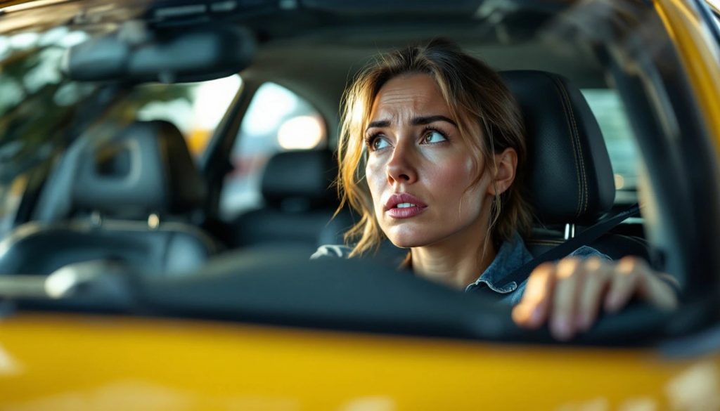 A concerned driver sits behind the wheel of a car, looking anxiously ahead as if dealing with an unexpected vehicle problem or roadside situation.