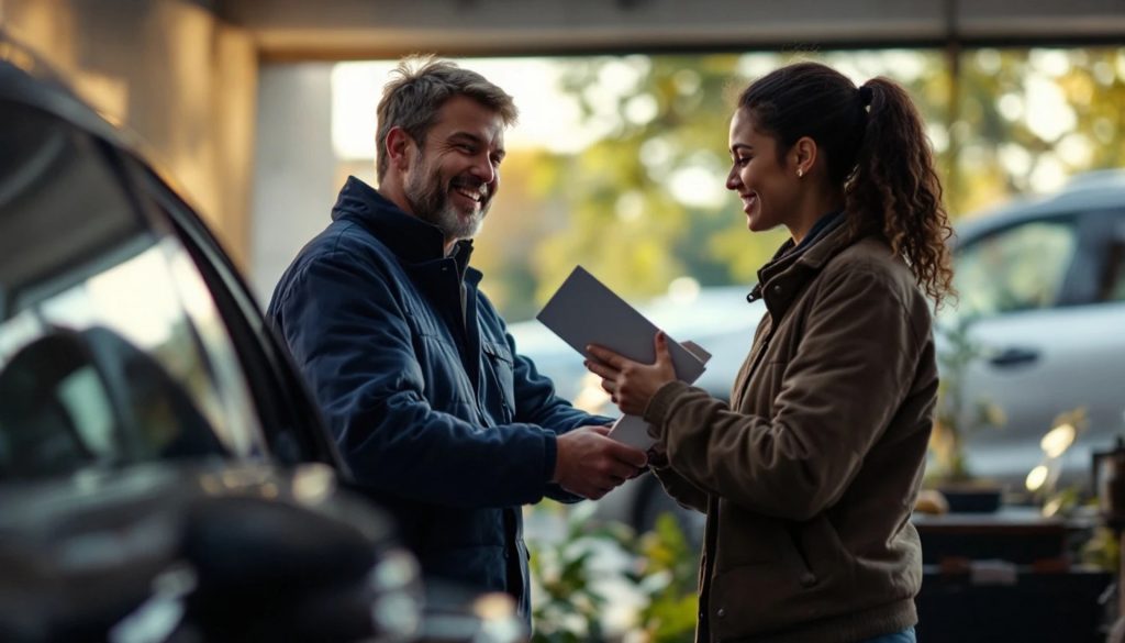Customer receiving vehicle registration paperwork from a Dirt Legal team member beside parked vehicles, smiling during the handoff.