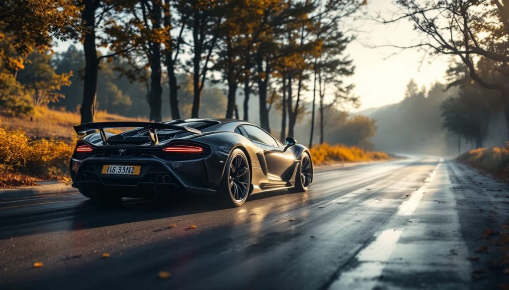 A black high-performance supercar is parked or driving slowly on a wet two-lane road lined with autumn trees. The scene is illuminated by soft sunrise light, with mist in the distance and reflections visible on the damp pavement, creating a dramatic and atmospheric setting.