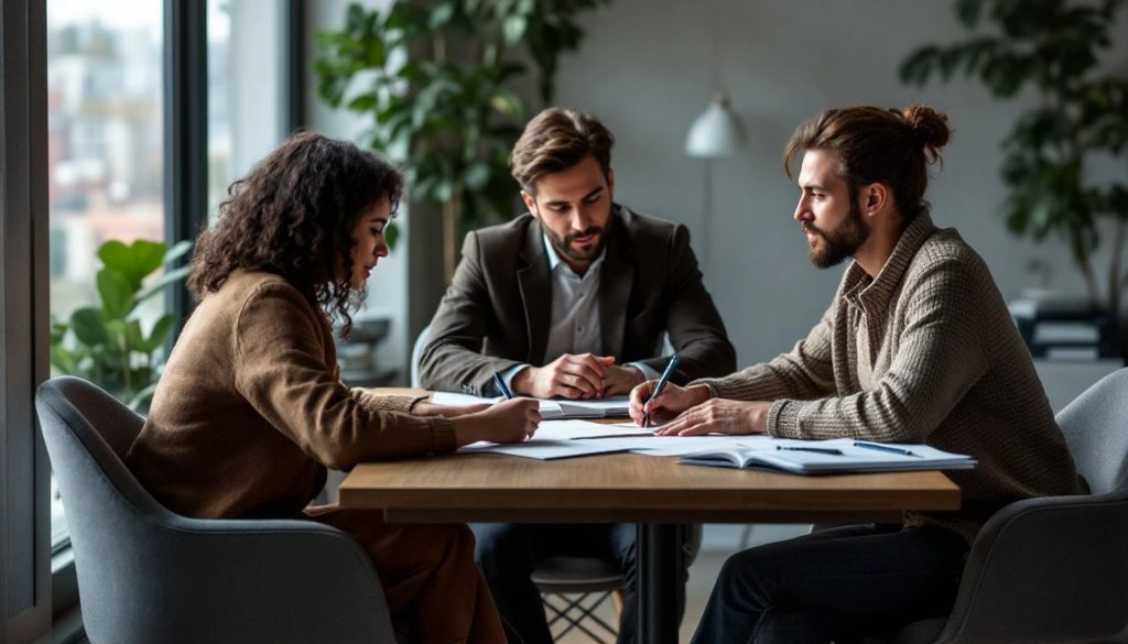 Three professionals sit around a table in a modern office, discussing and reviewing documents together during a collaborative business meeting.