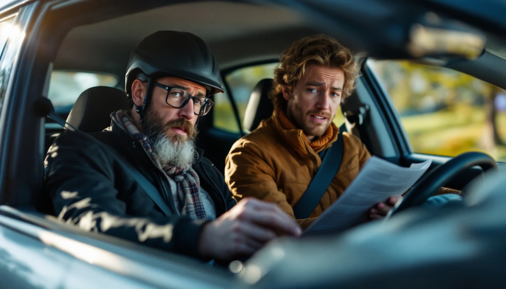 Two people sit inside a car examining documents together, appearing focused as they review important vehicle paperwork before making a decision.
