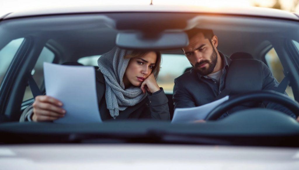 Two people sit inside a car reviewing paperwork together, appearing focused and concerned as they examine important vehicle documents.
