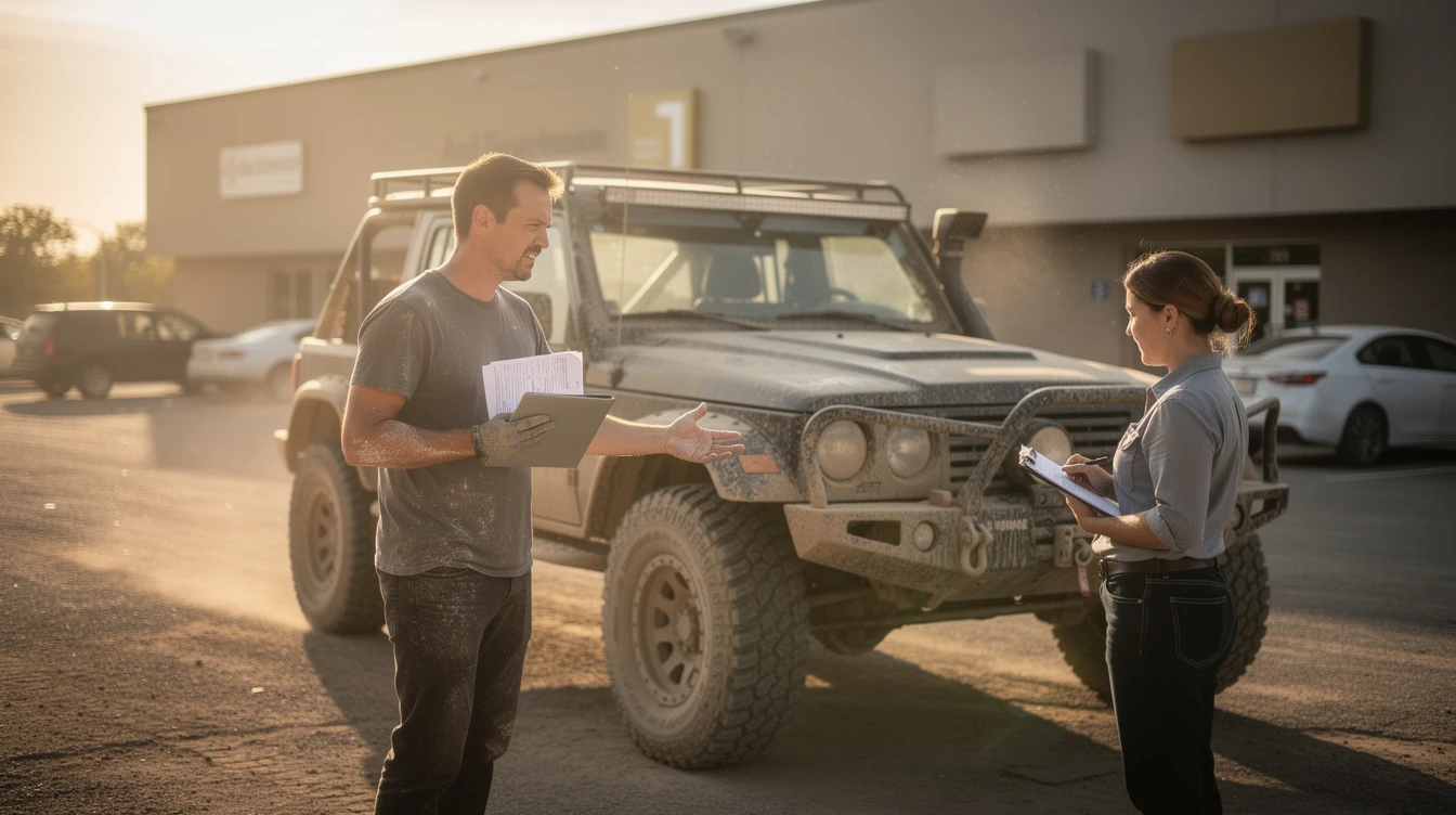 Two people stand beside a muddy off-road vehicle in a parking lot, reviewing documents together.