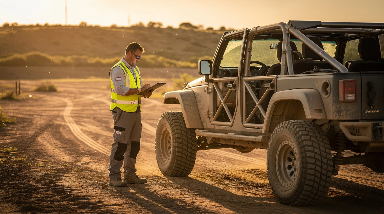 Man in a high-visibility vest checks a clipboard beside a dusty open-top off-road vehicle at sunset in a desert setting.