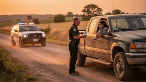 Police officer checks documents from a driver in a pickup on a sunlit rural road at sunset, a patrol car with lights blurred in the background.