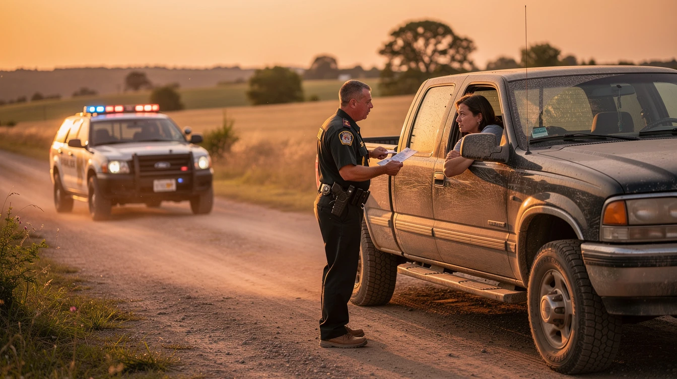 Police officer checks documents from a driver in a pickup on a sunlit rural road at sunset, a patrol car with lights blurred in the background.