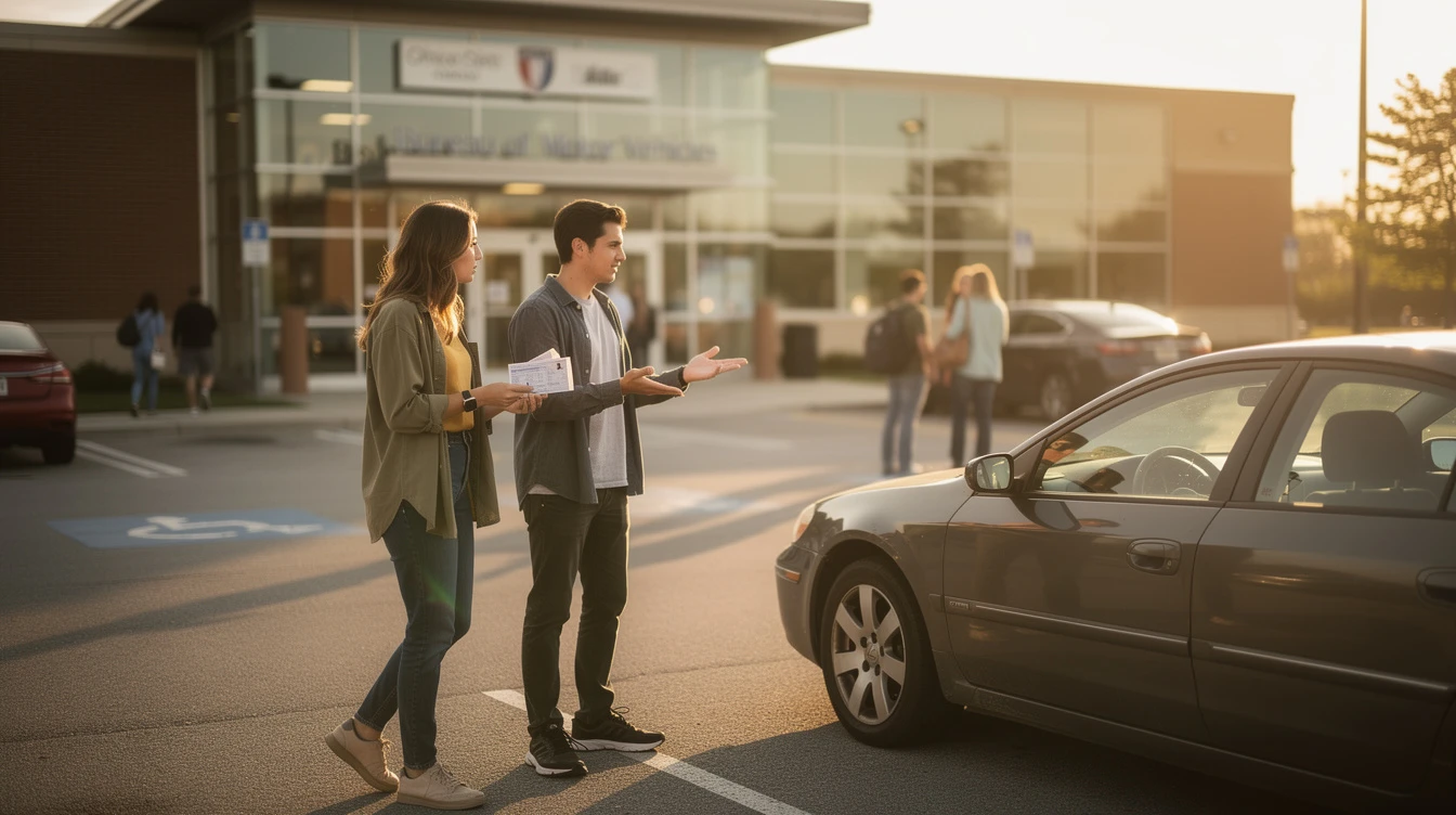 Two young people standing in a parking lot by a gray sedan, holding papers and talking near a glass-front campus building at sunset.