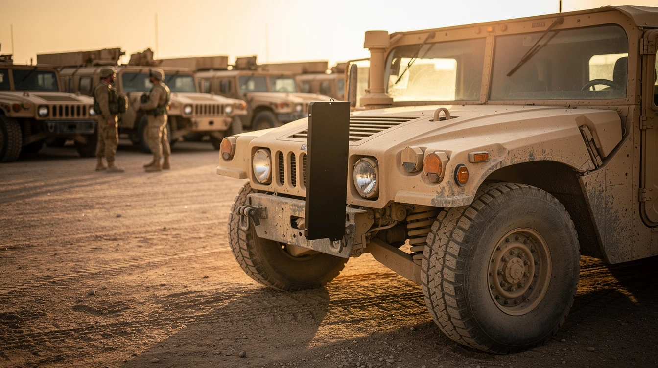 What is the flat, black box sticking straight up from the front bumper of this HMMWV? - Dirt Legal