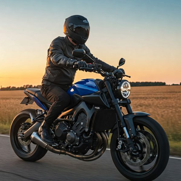 Person riding a modern motorcycle on a paved road during sunset.